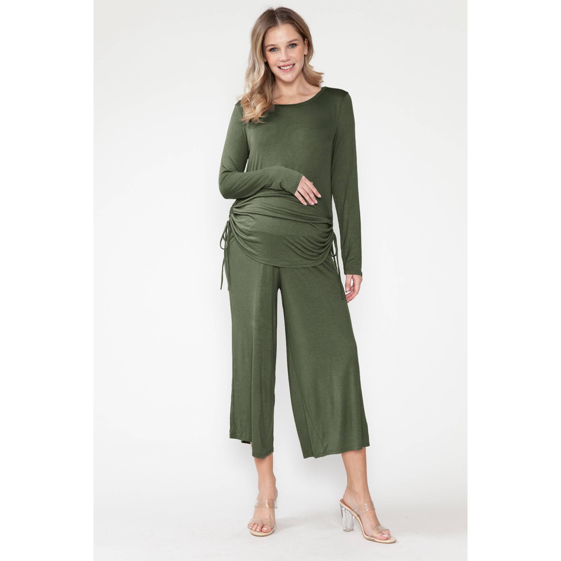 Maternity Shirring Drawstring Top & Wide Pants Basic Sets