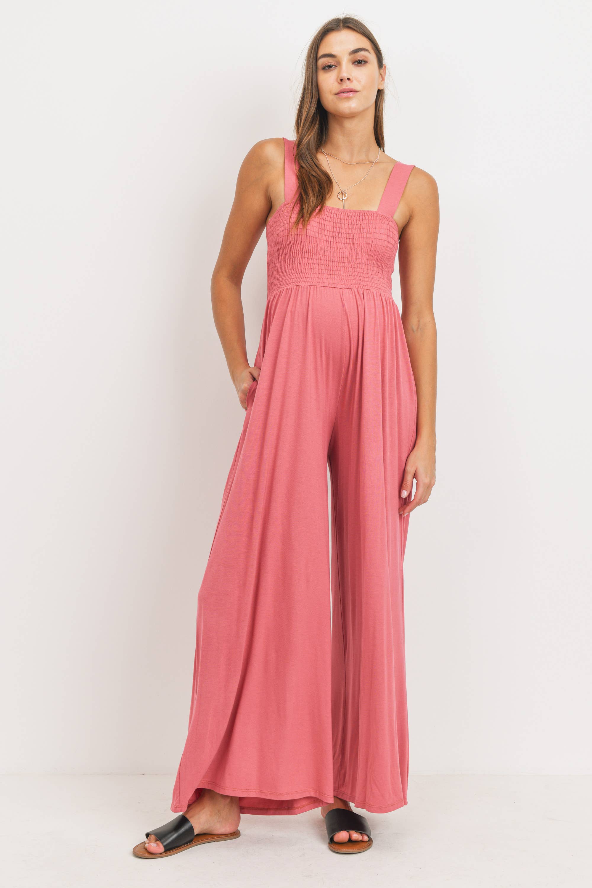 Sleeveless Smocked Maternity Wide-Leg Jumpsuit