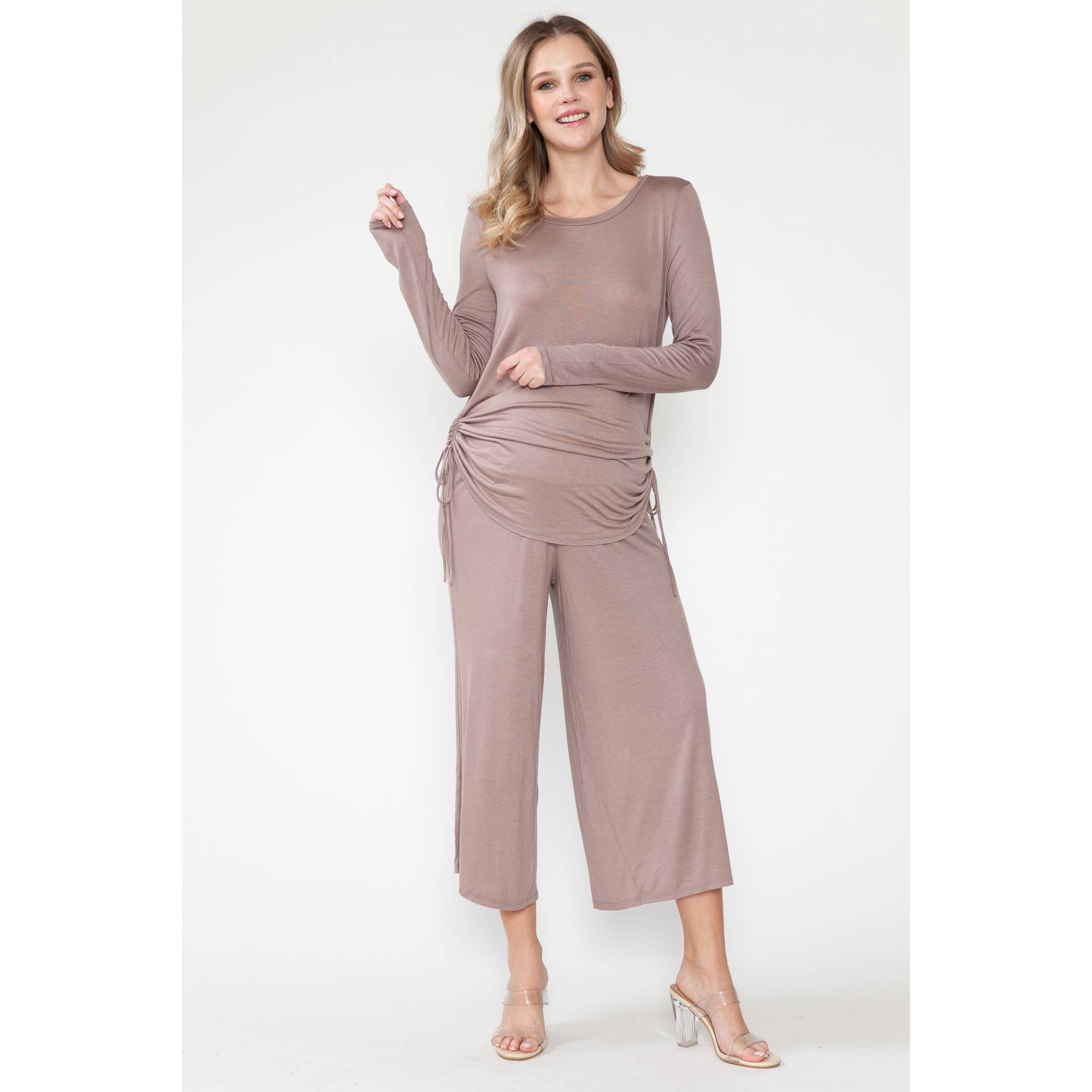 Maternity Shirring Drawstring Top & Wide Pants Basic Sets