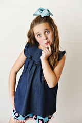 Dark Jean Flower Ruffle Button Spring Two Piece Set