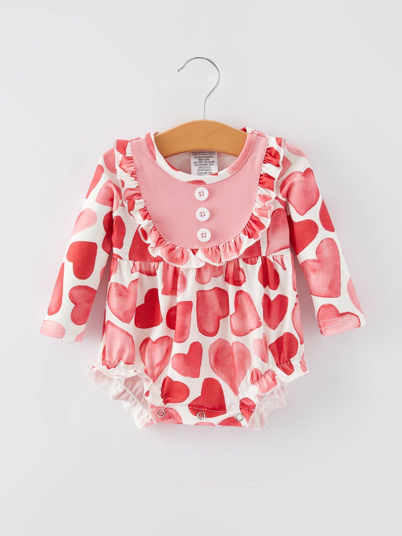 Girls Valentine's Day Button Heart Print Ruffle Romper