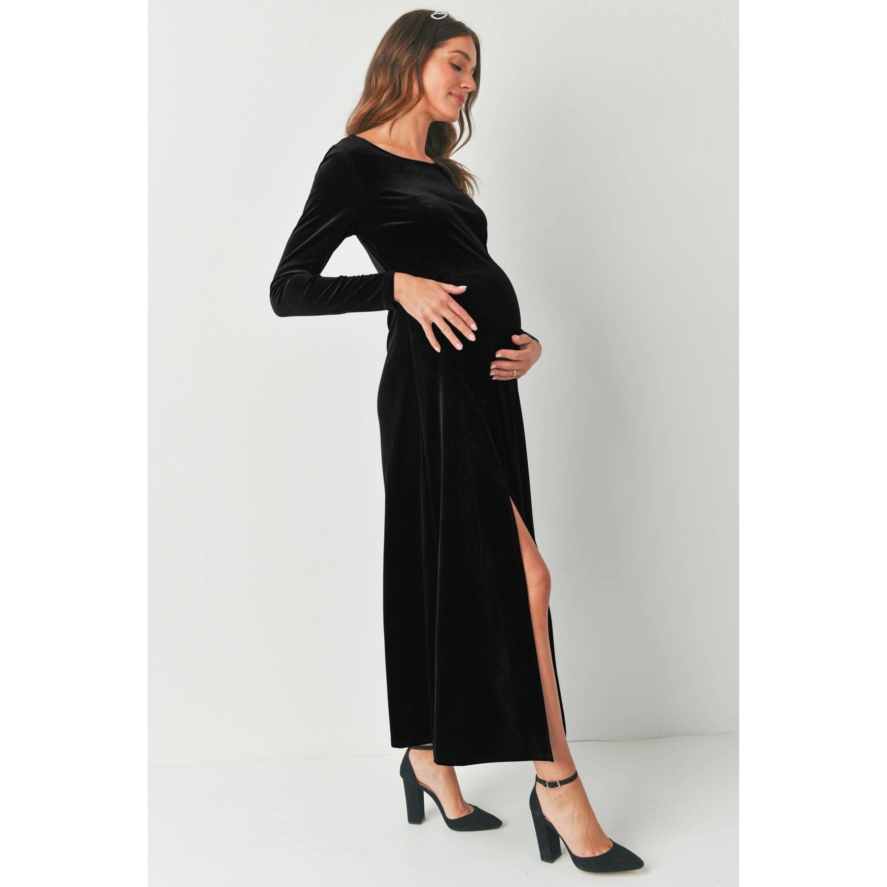 Velvet Long Sleeve Maternity Midi Dress