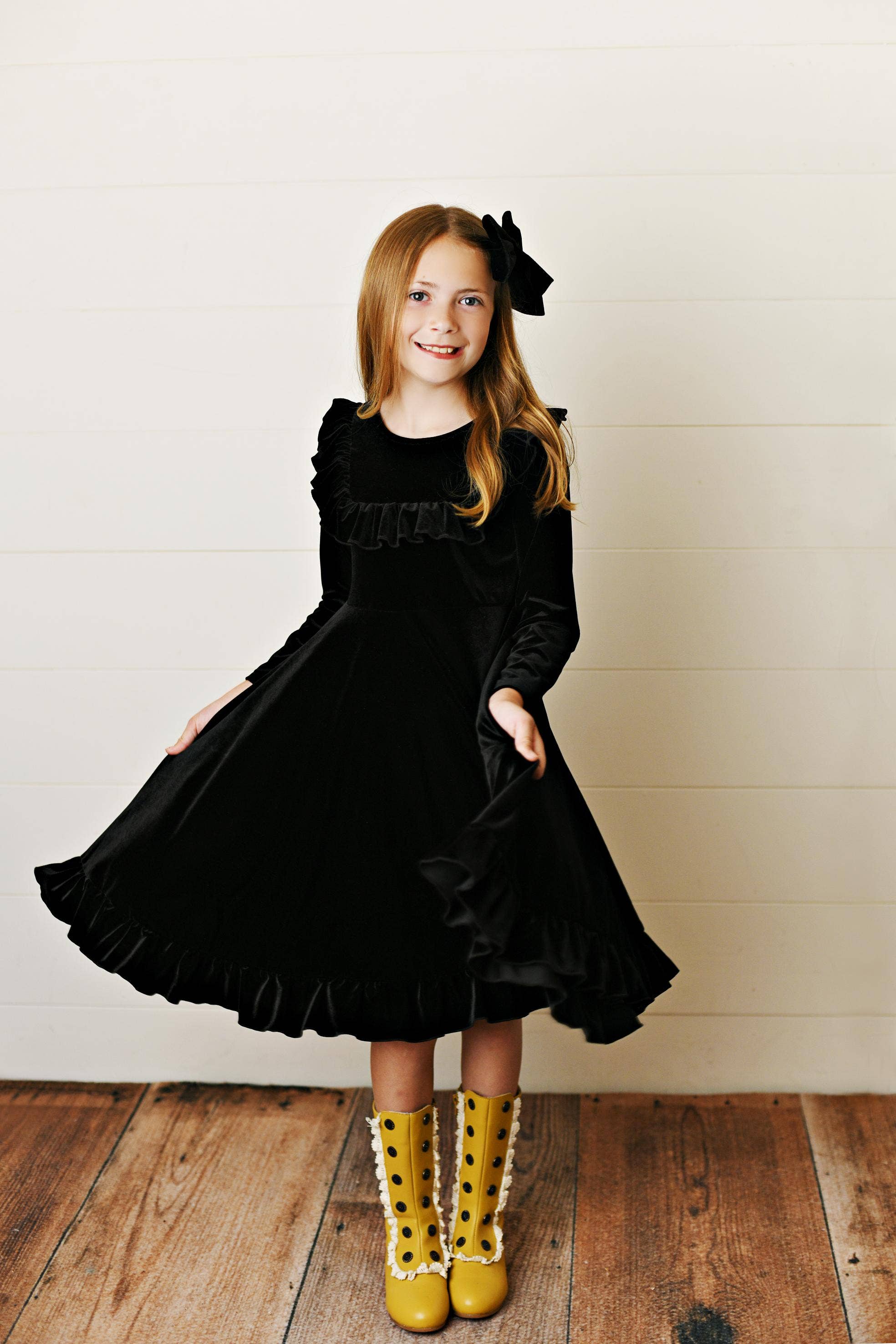 Adorable Sweetness - Kids Black Velvet Ruffle Fancy Winter Christmas Party Dress