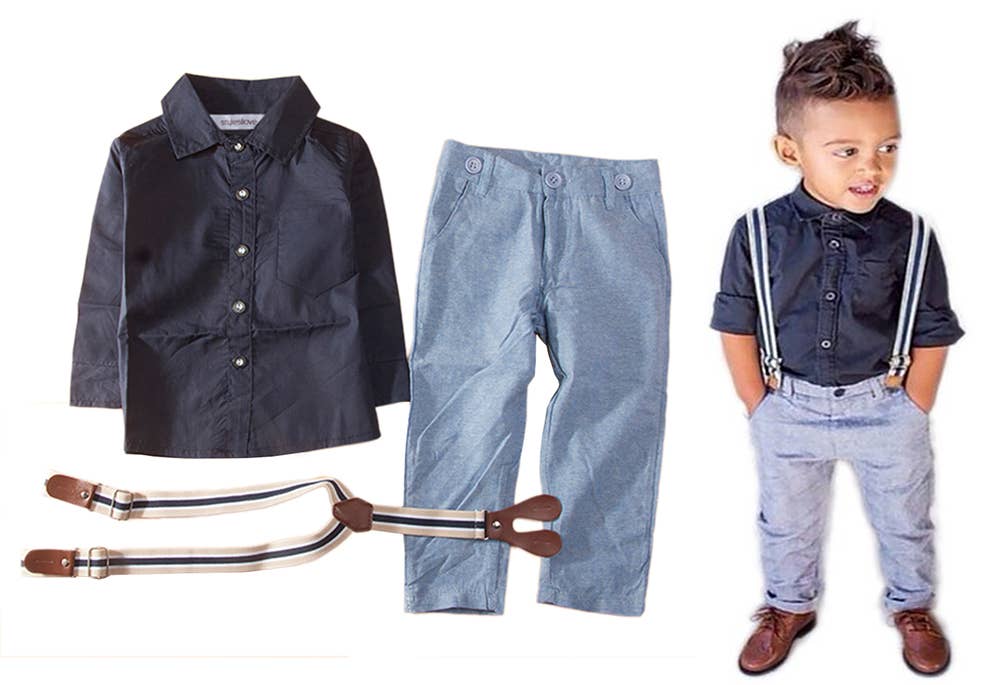 Blue Little Boy Button Down Shirt, Suspender Straps & Pants