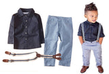 Blue Little Boy Button Down Shirt, Suspender Straps & Pants