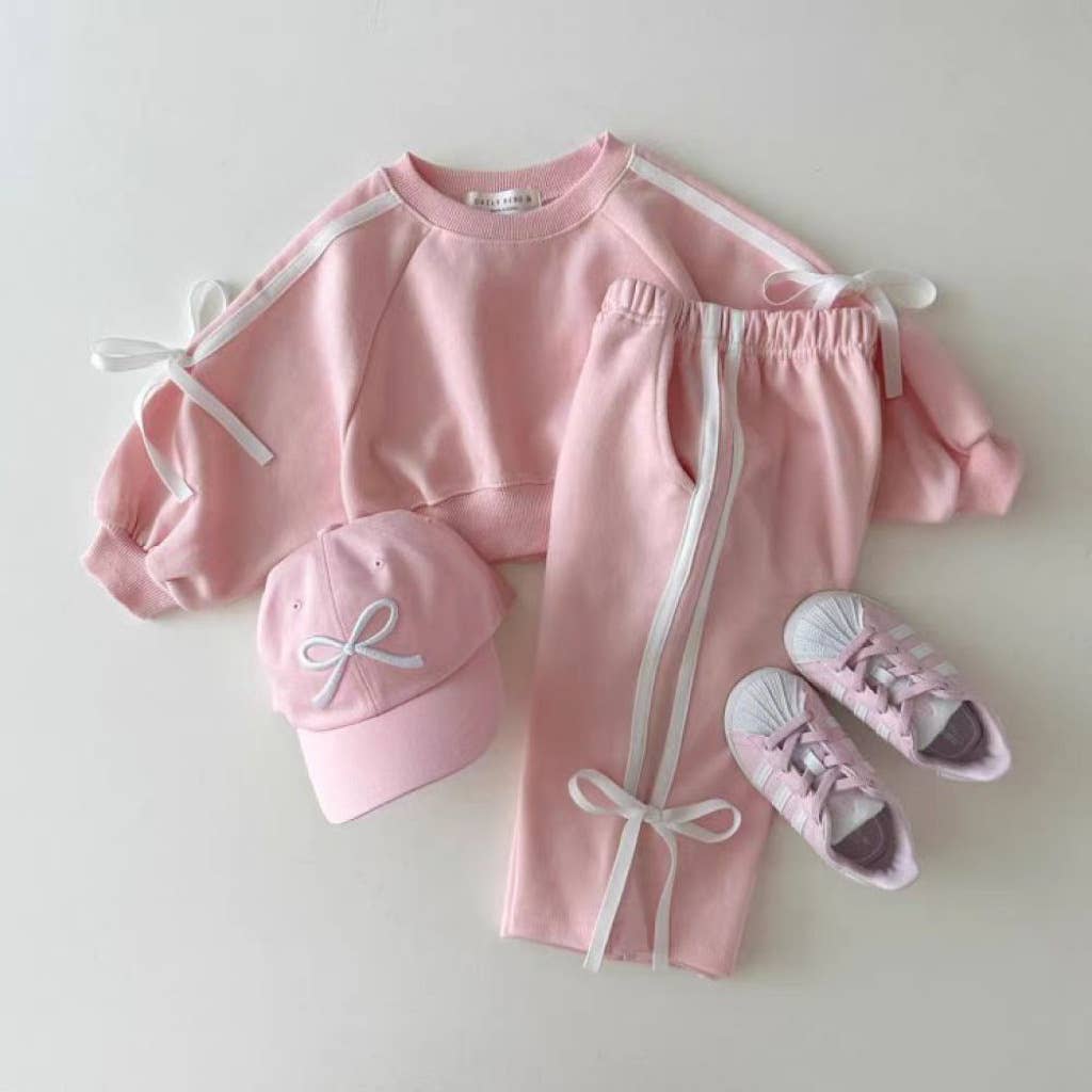 Girls Pink Bow Trim Sweatshirt and Pants Set