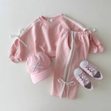 Girls Pink Bow Trim Sweatshirt and Pants Set