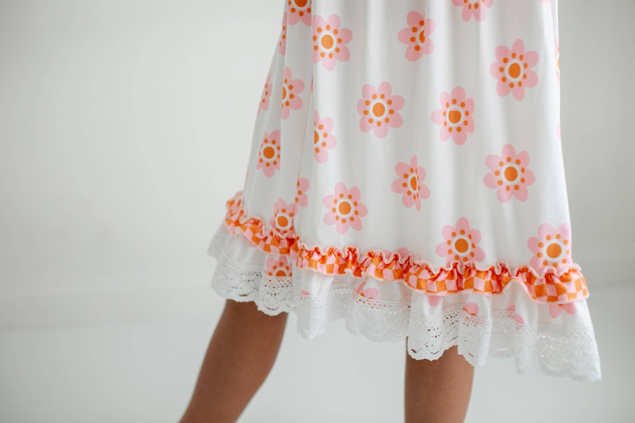 Girls Pink & Cantaloupe Flower Check Spring Summer Dress