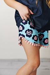 Dark Jean Flower Ruffle Button Spring Two Piece Set
