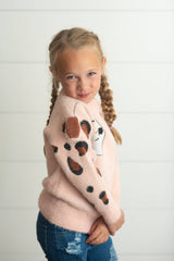 Kids Pink Heart & Leopard Arm Fuzzy Fall Winter Sweater