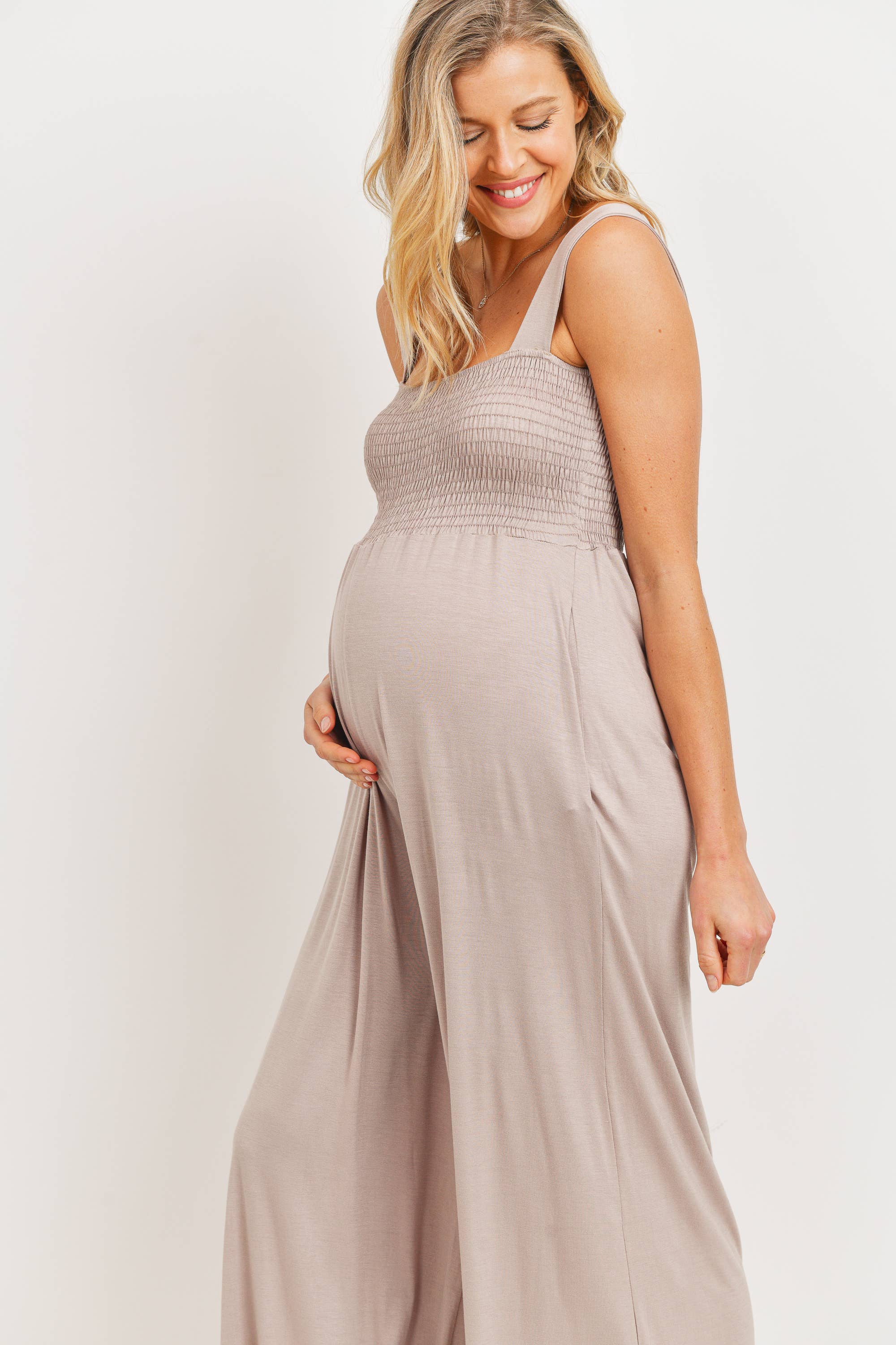 Sleeveless Smocked Maternity Wide-Leg Jumpsuit
