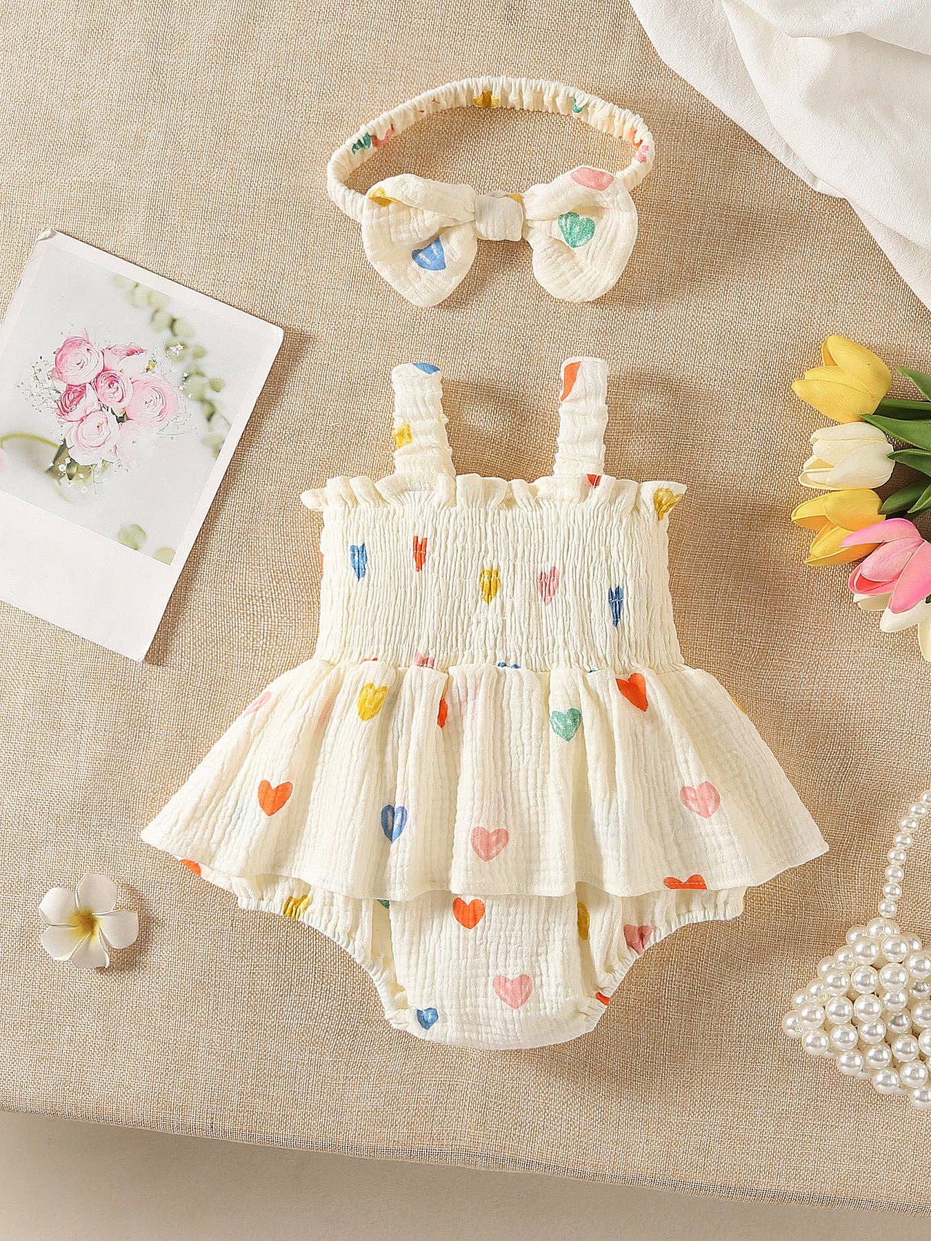 Light Yellow Heart Print Baby Girl Romper Set With Headband