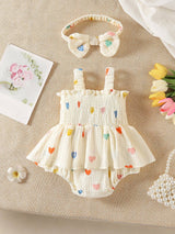Light Yellow Heart Print Baby Girl Romper Set With Headband