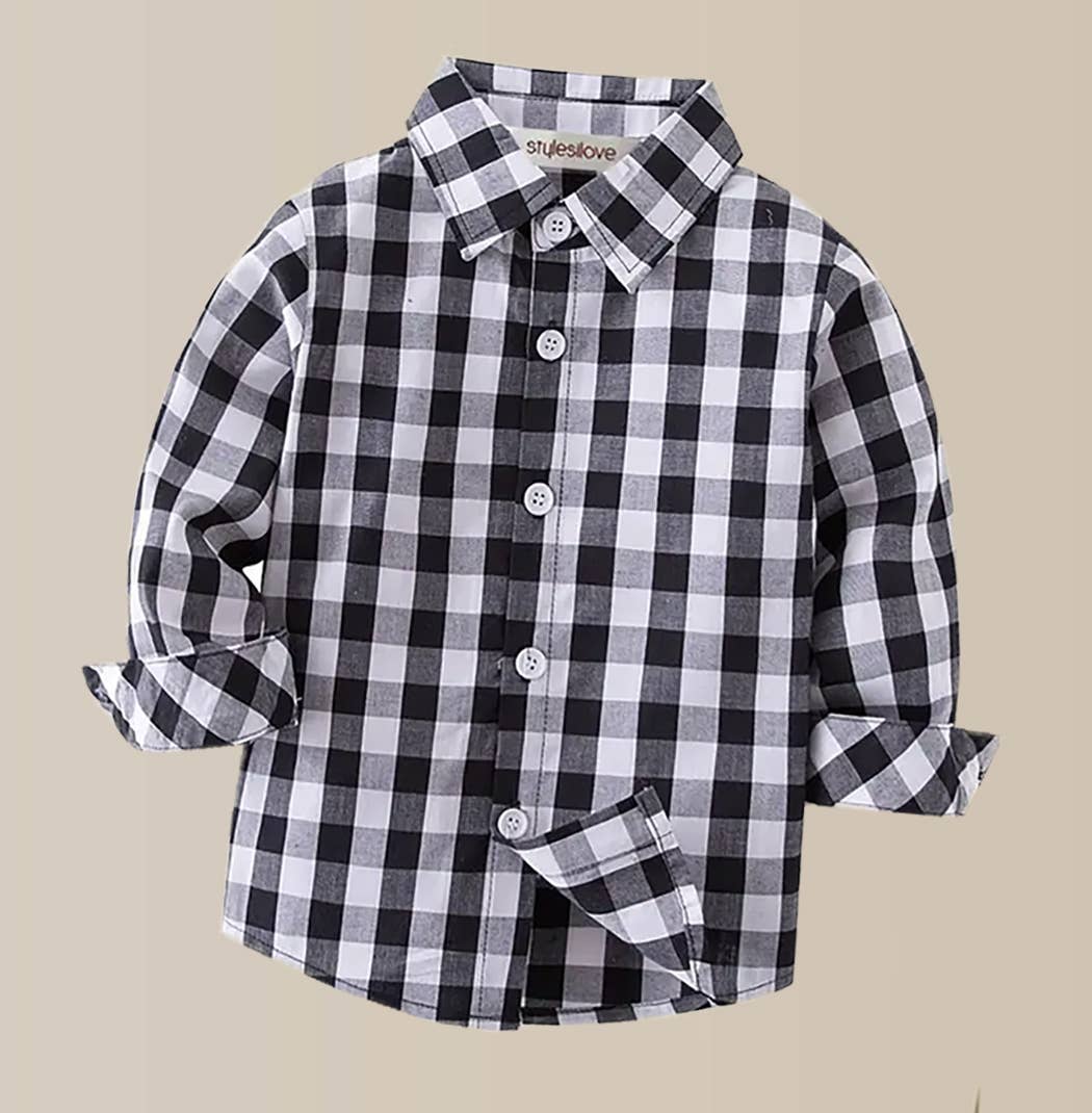 Black Plaid Long Sleeve Boy Cotton Button-Down Dress Shirt