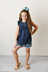 Dark Jean Flower Ruffle Button Spring Two Piece Set