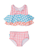 Girls Seaside Gingham Color Block Flounce Bikini