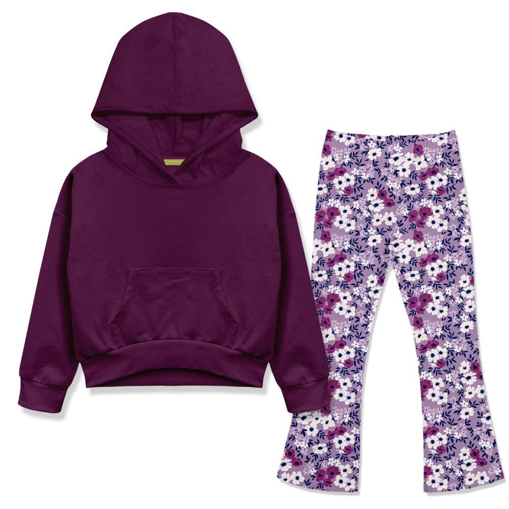 Girls Plum Hoodie & Purple Flower Flare Leggings