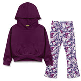 Girls Plum Hoodie & Purple Flower Flare Leggings