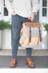 Canvas Backpack with Leather - Cream 12"x6"x16"