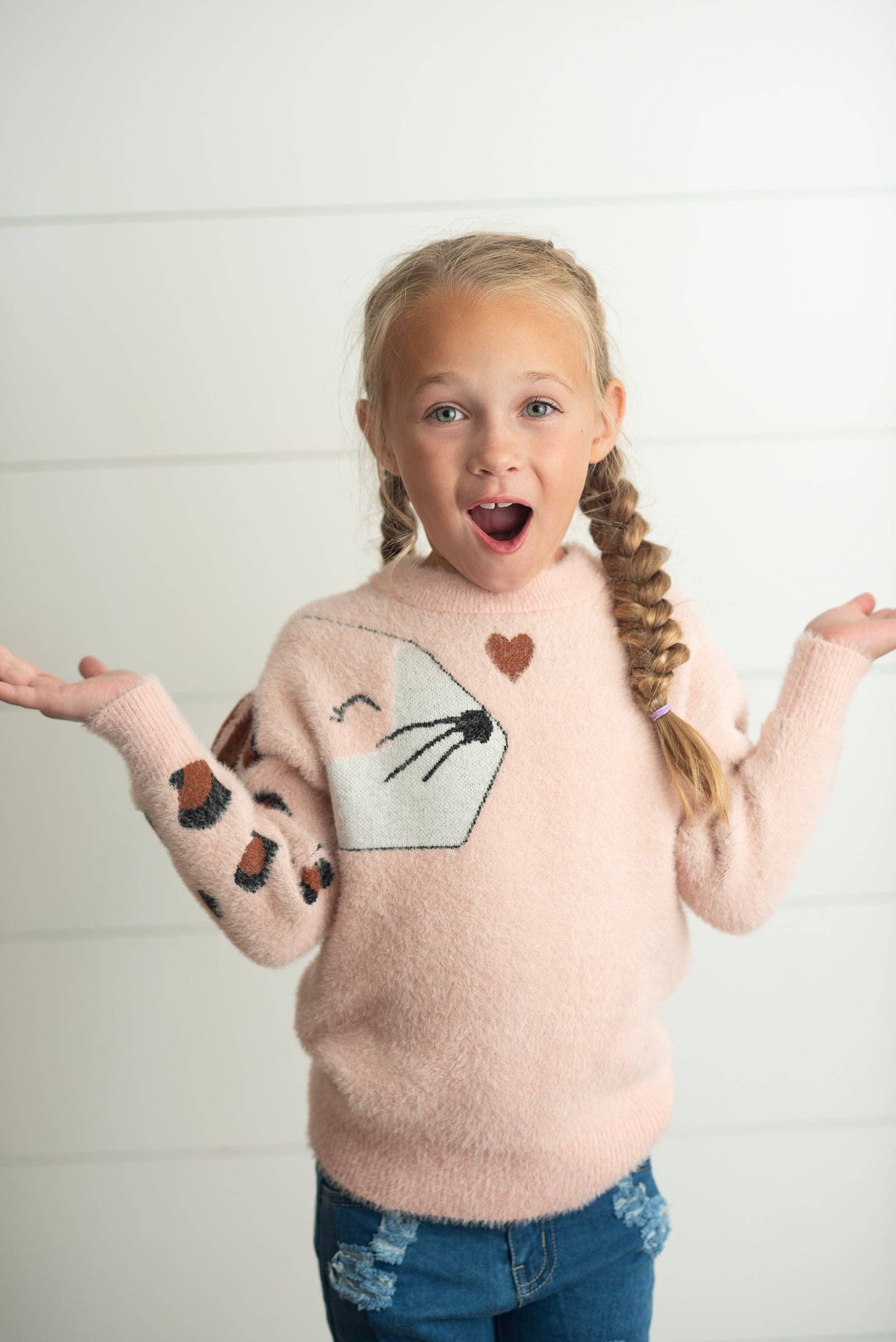 Kids Pink Heart & Leopard Arm Fuzzy Fall Winter Sweater