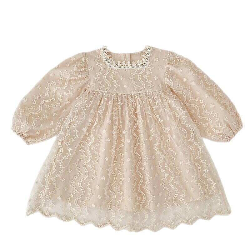 Beige Lace Long Sleeve Baby Girls Dress