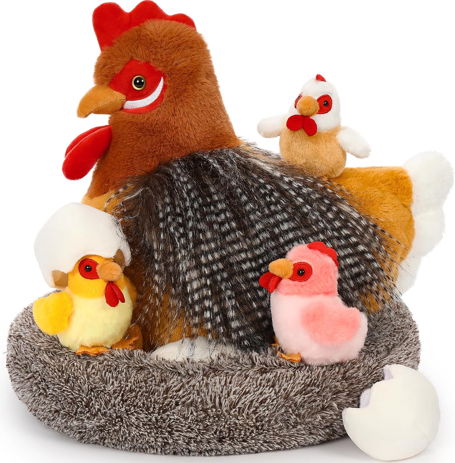 8Pcs Stuffed Animal, Stuffed Hen with Little Baby Chicks and Coop