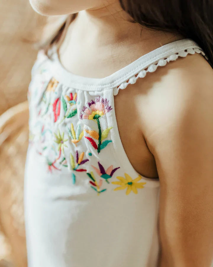 Kids' Organic Embroidered Twirl Dress w-Pockets in White Floral