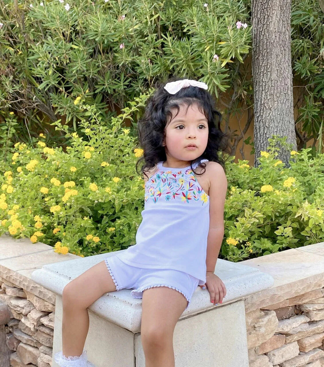 Kids' Organic Embroidered Tank & Tap Short Set in White Floral