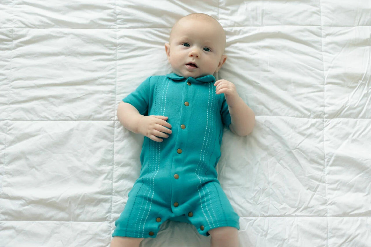 Embroidered S-Sleeve Romper Teal
