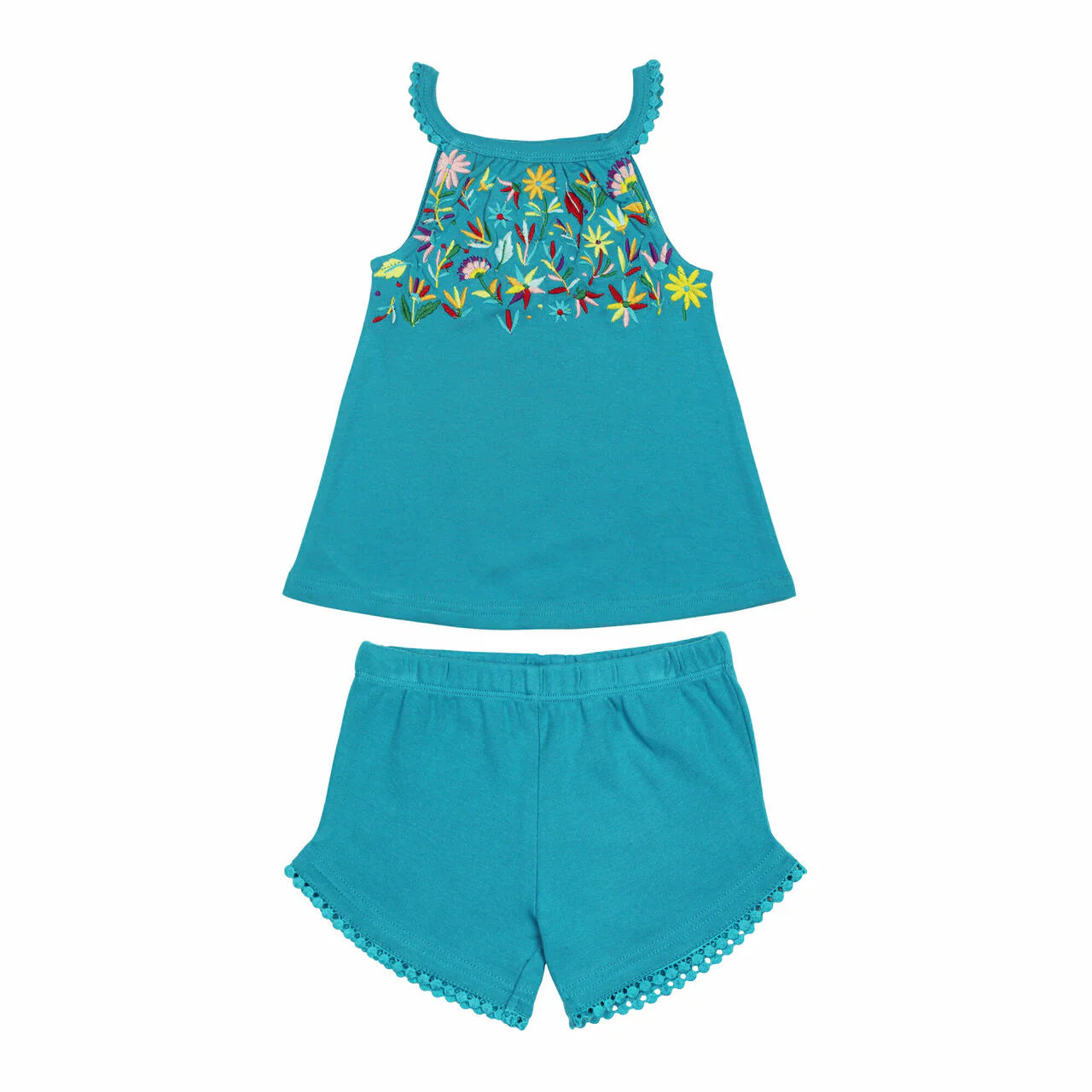 Organic Embroidered Tank & Tap Short Set in Teal Floral