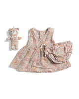 RABBIT AND BEAR ORGANIC Girls 3pc Muslin Floral Dress Set With Toy And Bloomers