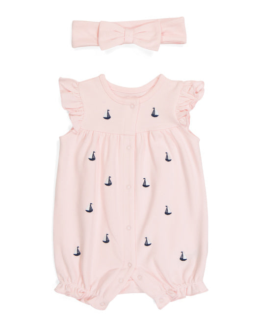 Girls Embroidered Sailboat Romper Set With Hair Bow