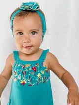 Organic Embroidered Twirl Dress w-Pockets in Teal Floral