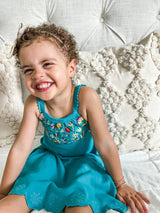 Organic Embroidered Twirl Dress w-Pockets in Teal Floral