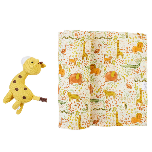 Safari Swaddle And Rattle Set